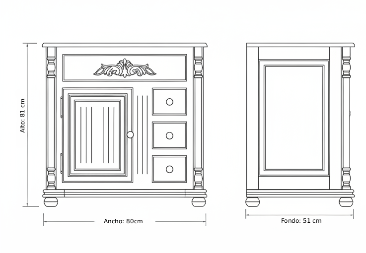 Plano técnico mueble de baño rústico Olimpo 80 cm con 1 puerta, 3 cajones y columnas lisas