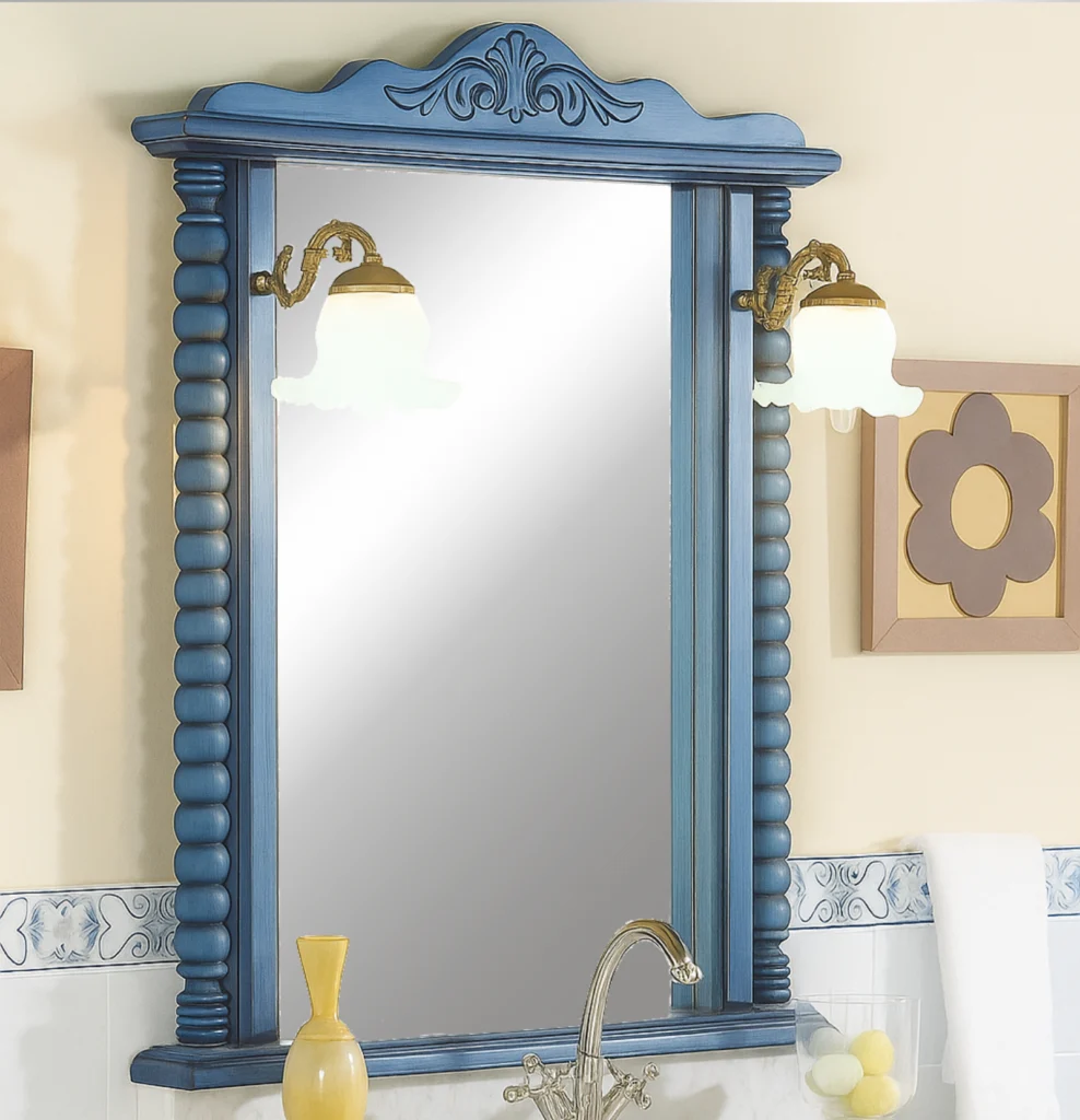 Espejo de baño clásico Olimpo de Artesanos del Baño con marco azul tallado y apliques de luz