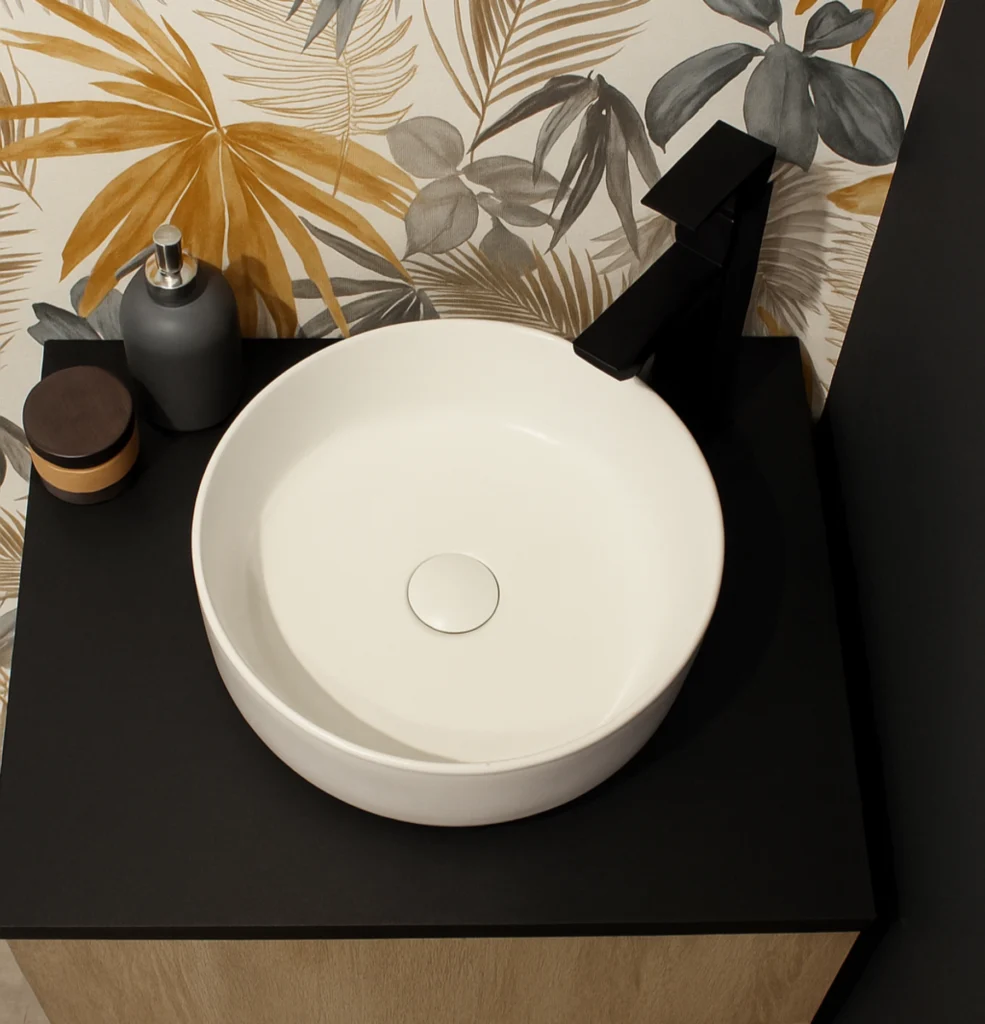 Lavabo sobre encimera Zen redondo de cerámica blanca minimalista