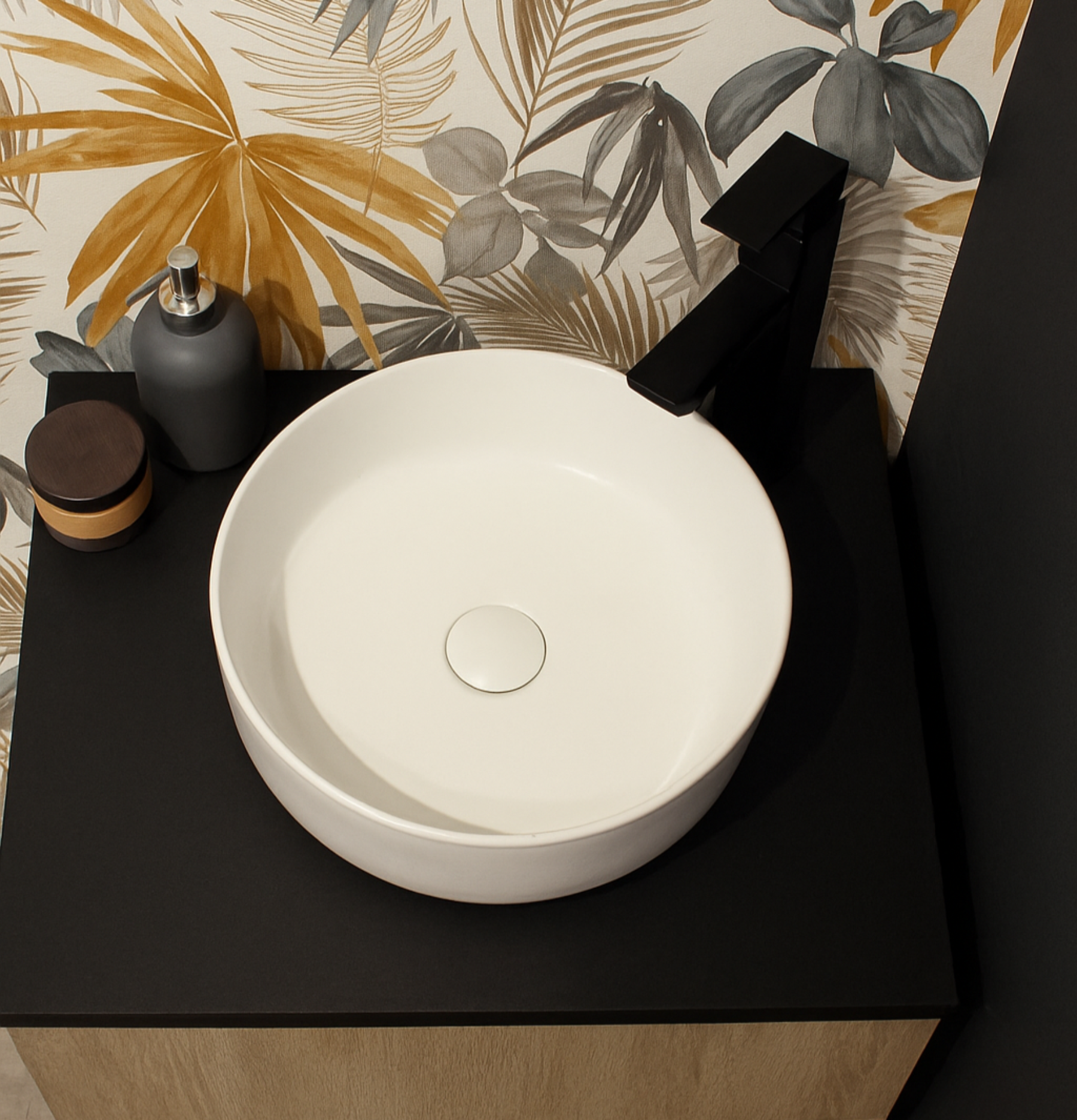 Lavabo sobre encimera Zen redondo de cerámica blanca minimalista