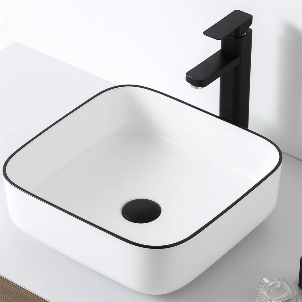 Lavabo sobre encimera cuadrado en cerámica blanca con borde negro