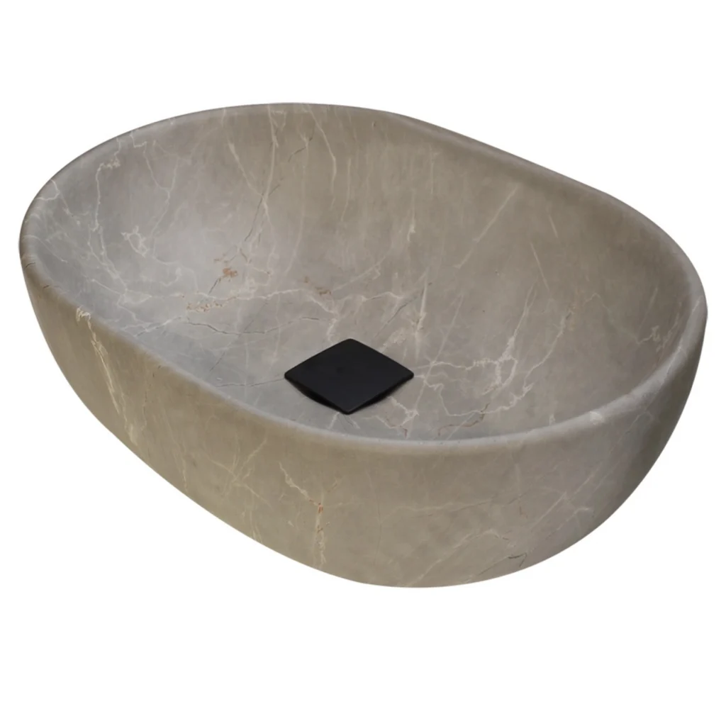 Detalle lavabo sobre encimera gris vison