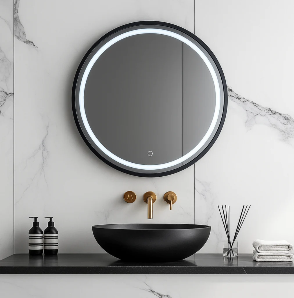 Espejo LED redondo 70 cm con marco negro mate y luz frontal para baño moderno