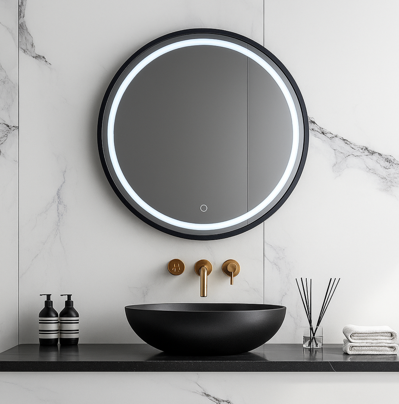 Espejo LED redondo 70 cm con marco negro mate y luz frontal para baño moderno