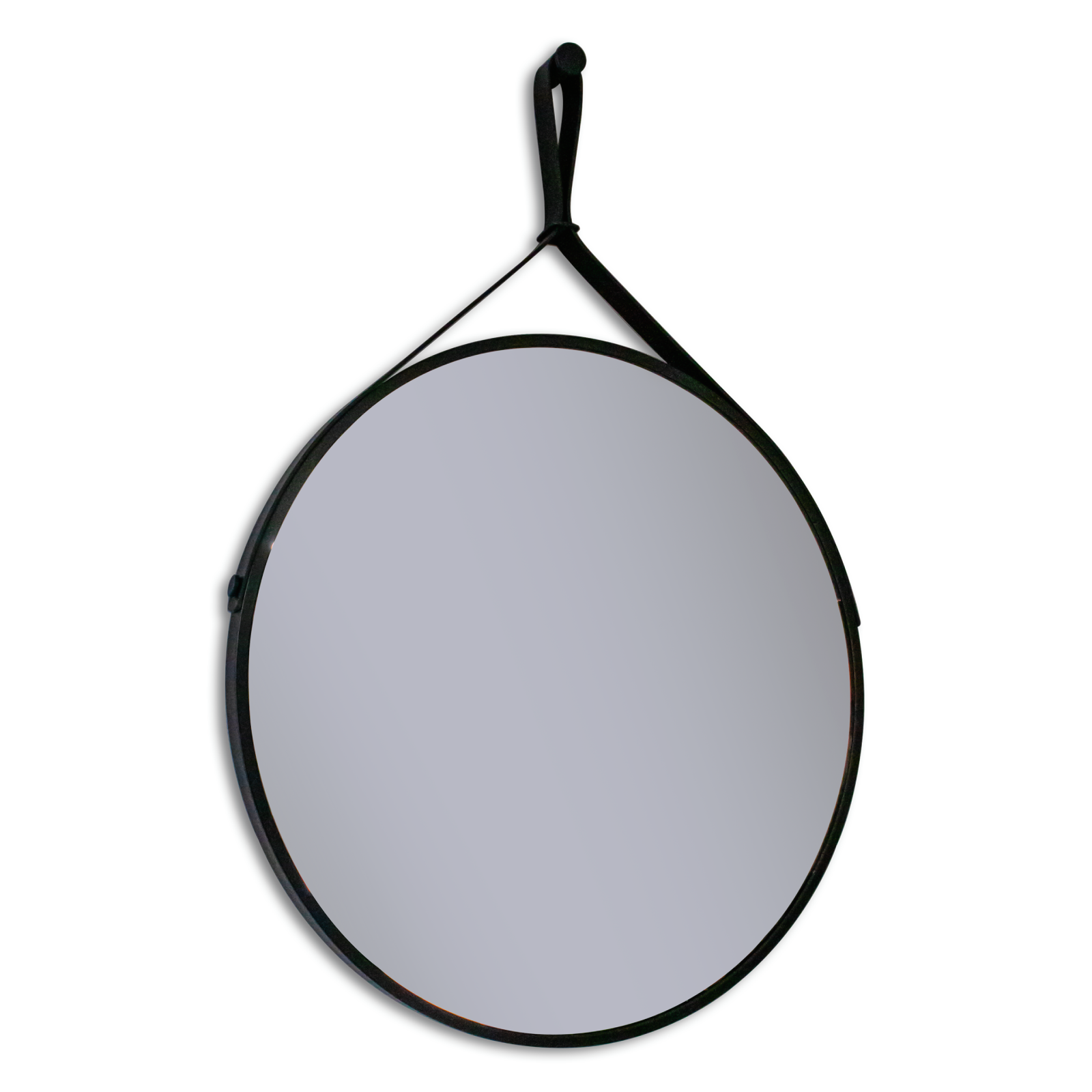 Detalle de la correa de cuero del espejo redondo Leather con soporte decorativo.