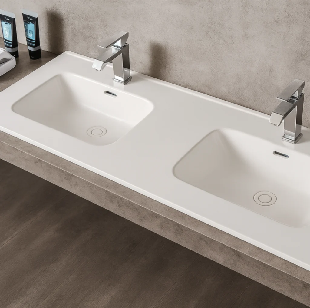 Lavabo encastrado doble seno en cerámica blanca