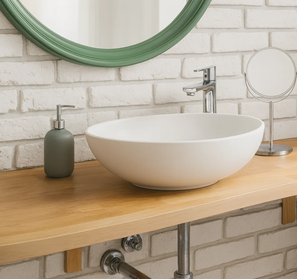 Lavabo sobre encimera circular en cerámica blanca brillante