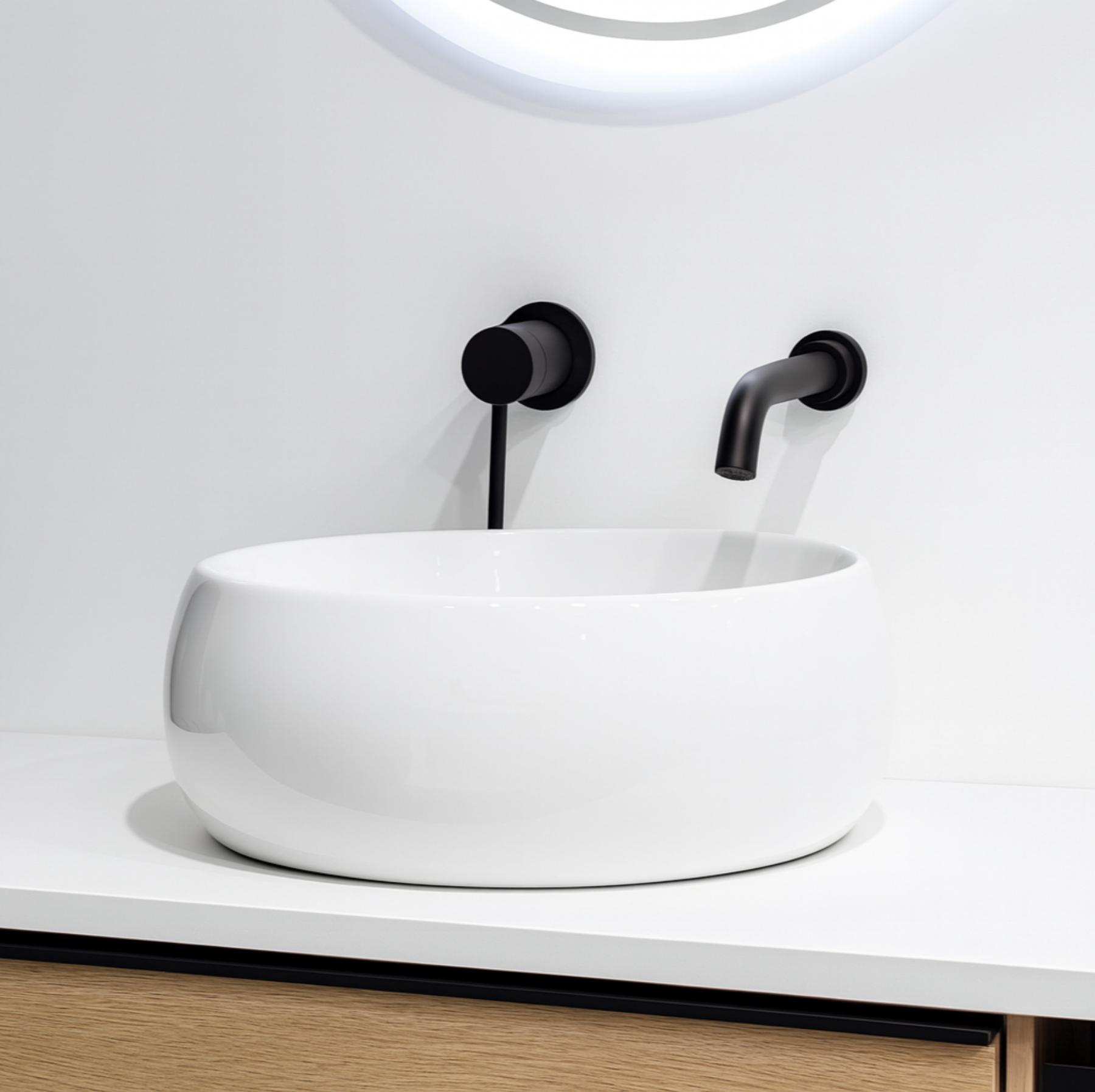 Lavabo sobre encimera circular en cerámica blanca