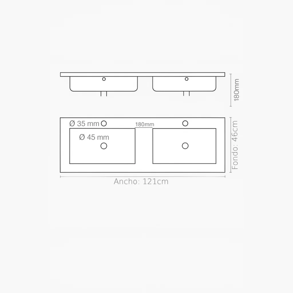 Plano técnico lavabo doble seno