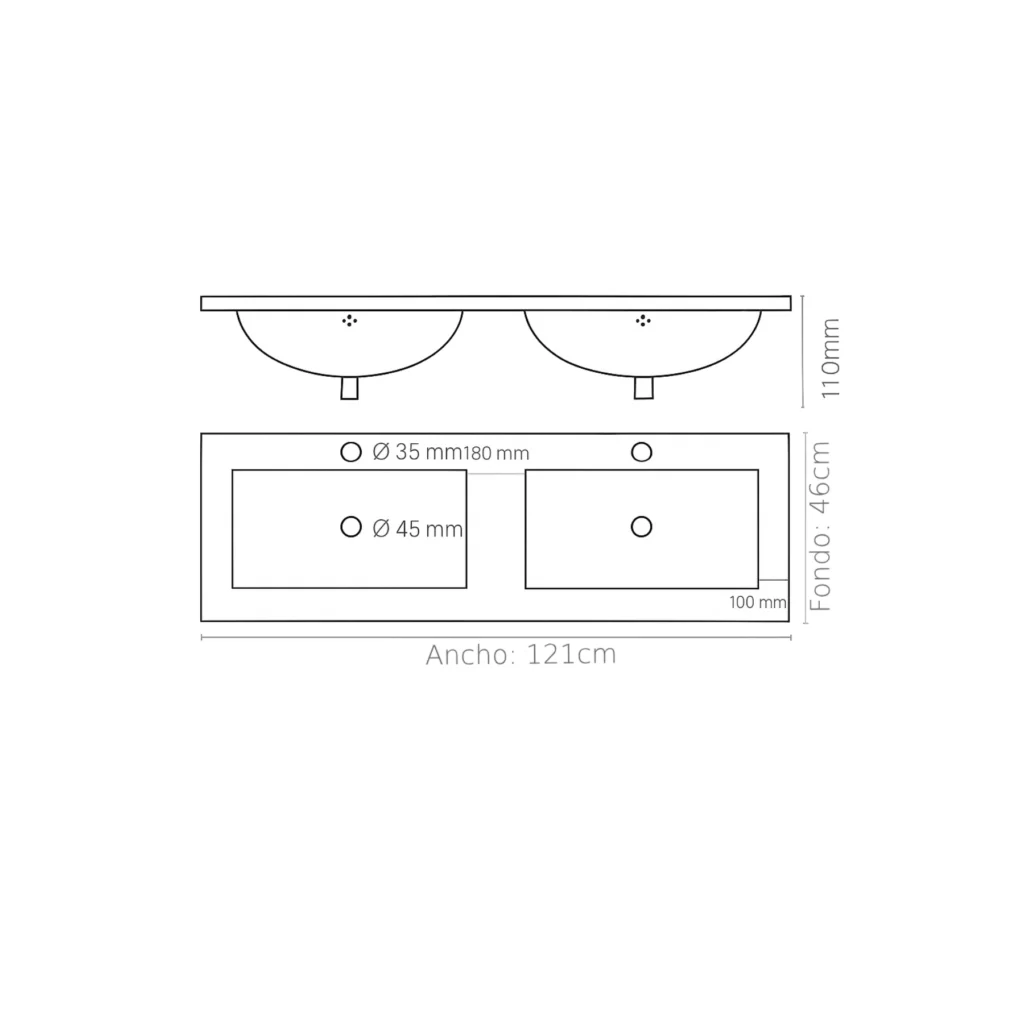 Plano técnico lavabo doble seno cristal white