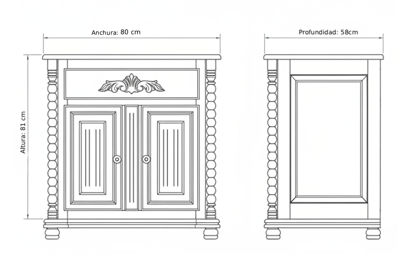 Plano técnico del mueble de baño Olimpo con 2 puertas
