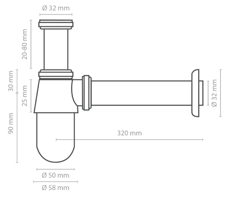 Medidas sifón de lavabo tipo botella cromado Ø 32 mm