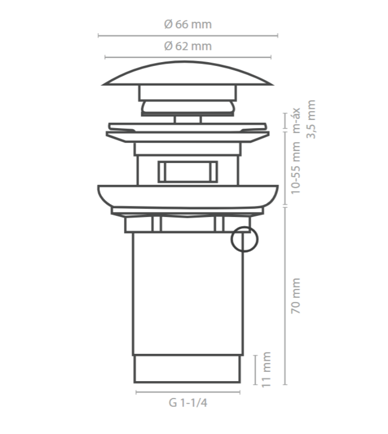 Medidas válvula larga con rebosadero click-clack Ø 6 cm