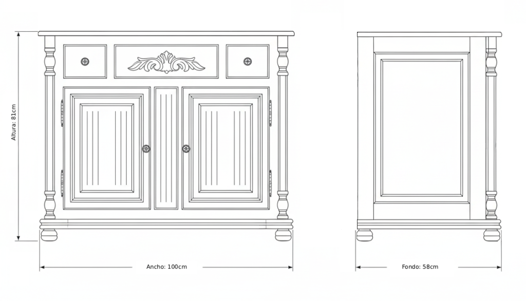 Diseño técnico mueble de baño clásico Olimpo de 100 cm con 2 puertas y 2 cajones