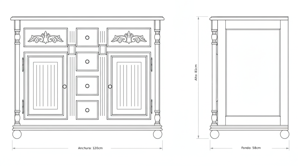 Plano técnico del mueble de baño rústico Olimpo de 120 cm con medidas y distribución.
