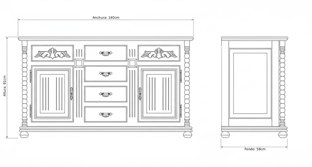 Diseño técnico del mueble de baño Olimpo 140 cm con medidas y distribución doble lavabo.