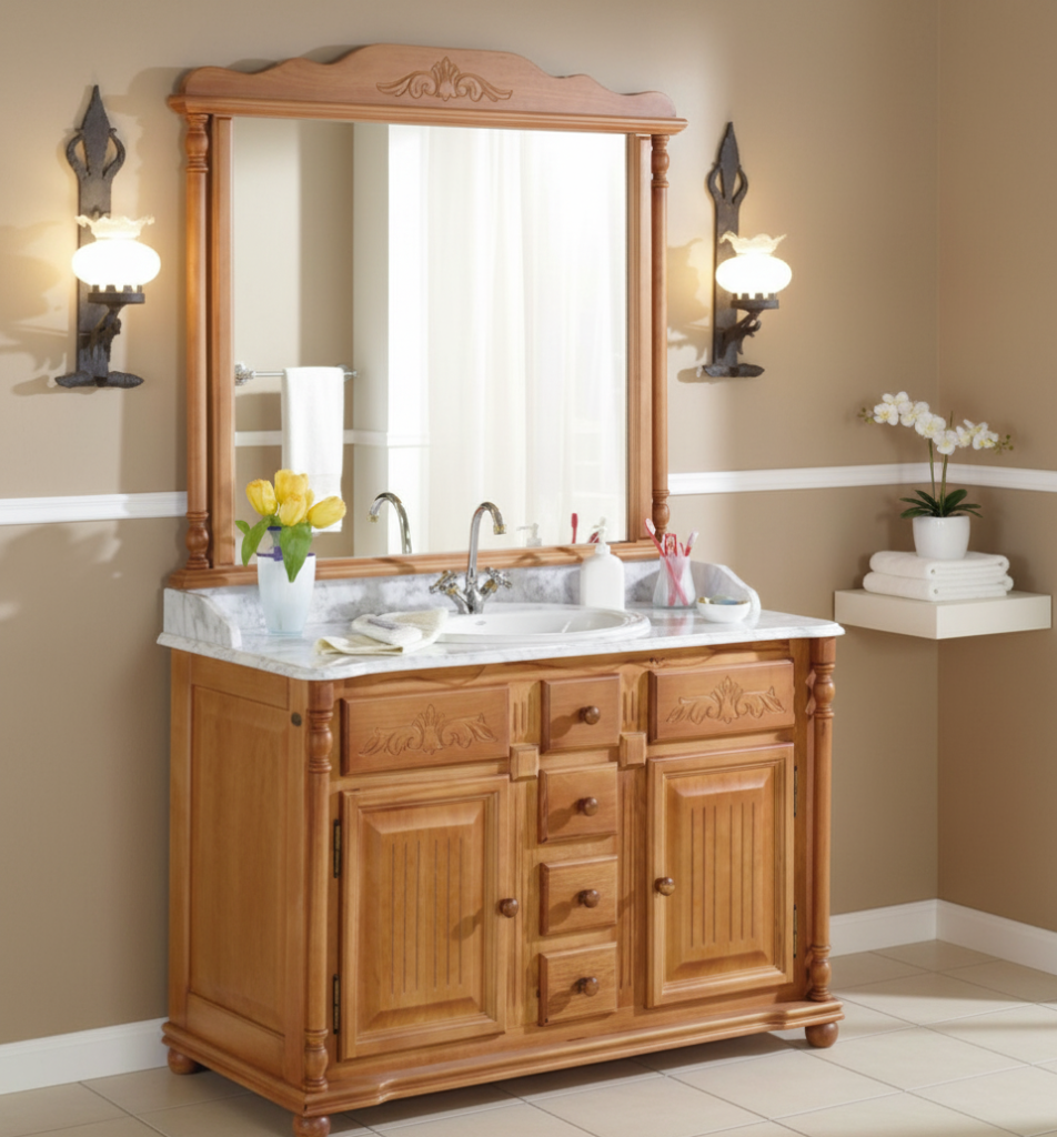 Mueble de baño rústico Olimpo de 120 cm en madera natural con 2 puertas y 4 cajones.