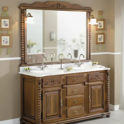 Mueble de baño rústico Olimpo de 140 cm con doble lavabo y encimera de mármol.