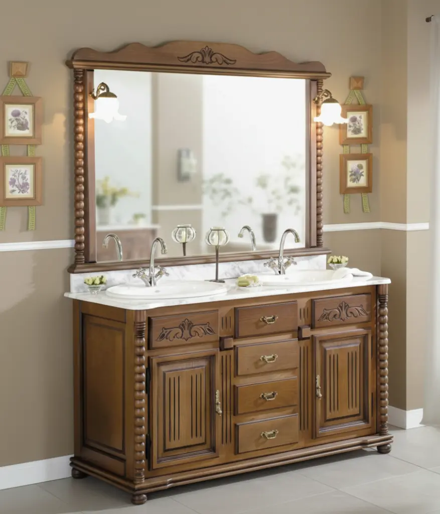 Mueble de baño rústico Olimpo de 140 cm con doble lavabo y encimera de mármol.